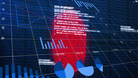 Animation-of-fingerprint-scanning,-graphs-and-data-on-navy-background