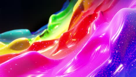 smooth abstract animation of liquid gradient rainbow color in 4k. bright glossy paint surface as abstract looped festive background. glitters on viscous liquid with 3d splashes on surface like drops.