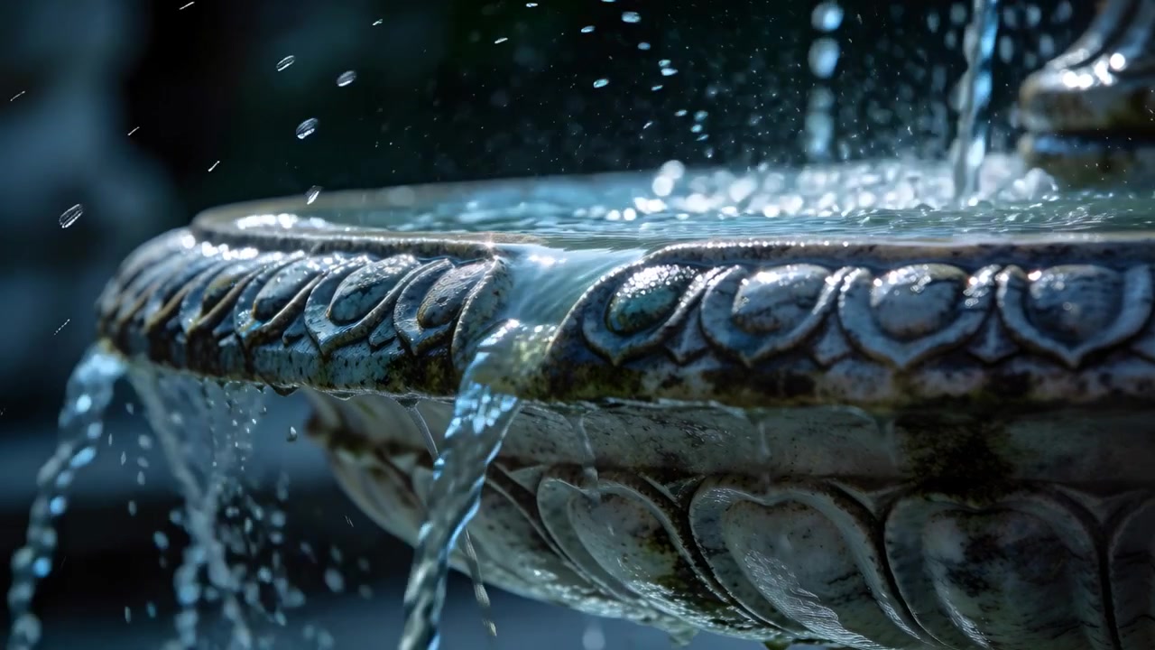 Upper spout pouring inflow, carved leaf-motif bowl overflowing rim, forming droplets in garden