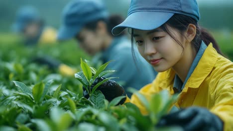 tea plantation workers harvesting tea leaves