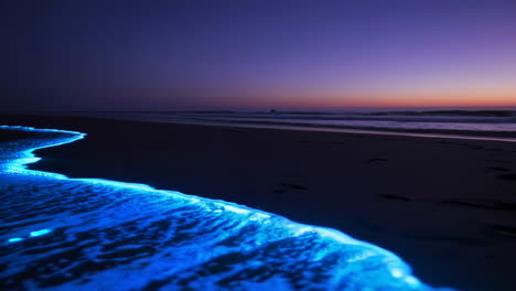 bioluminescent waves on a dark beach at dusk