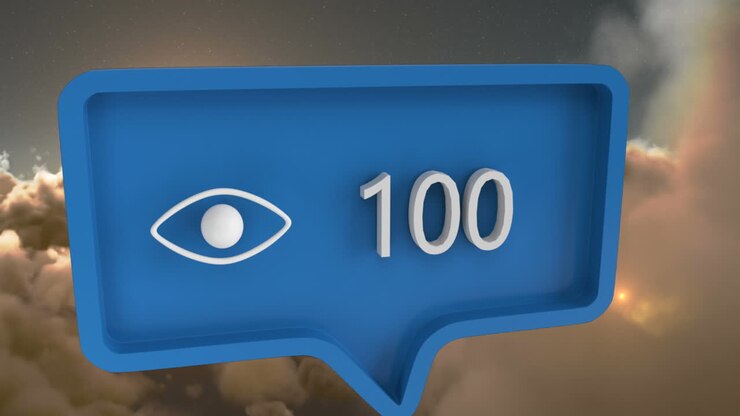 Animation of eye icon with numbers on speech bubble over sky and clouds