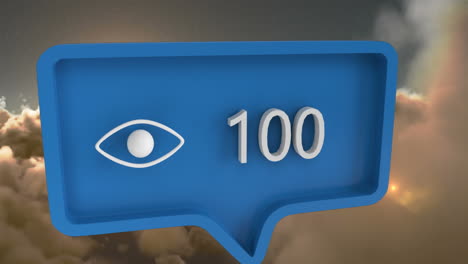 animation of eye icon with numbers on speech bubble over sky and clouds