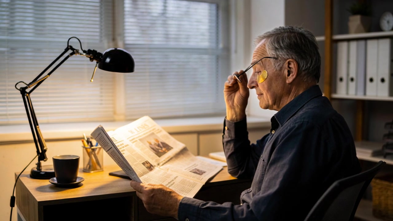 Anziano con un giornale in mano che legge sotto una lampada da scrivania a casa, sistemando gli occhiali gialli, con spazio per il testo.