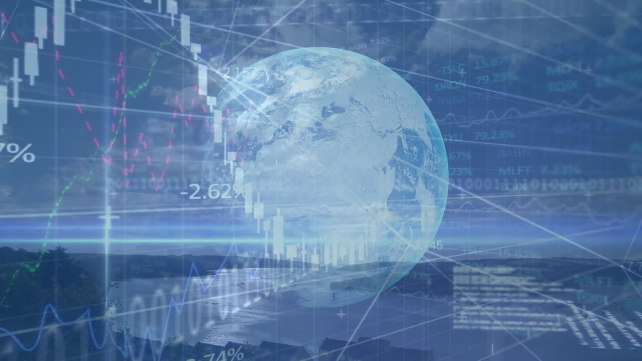 animación del procesamiento de datos financieros en todo el mundo y el paisaje
