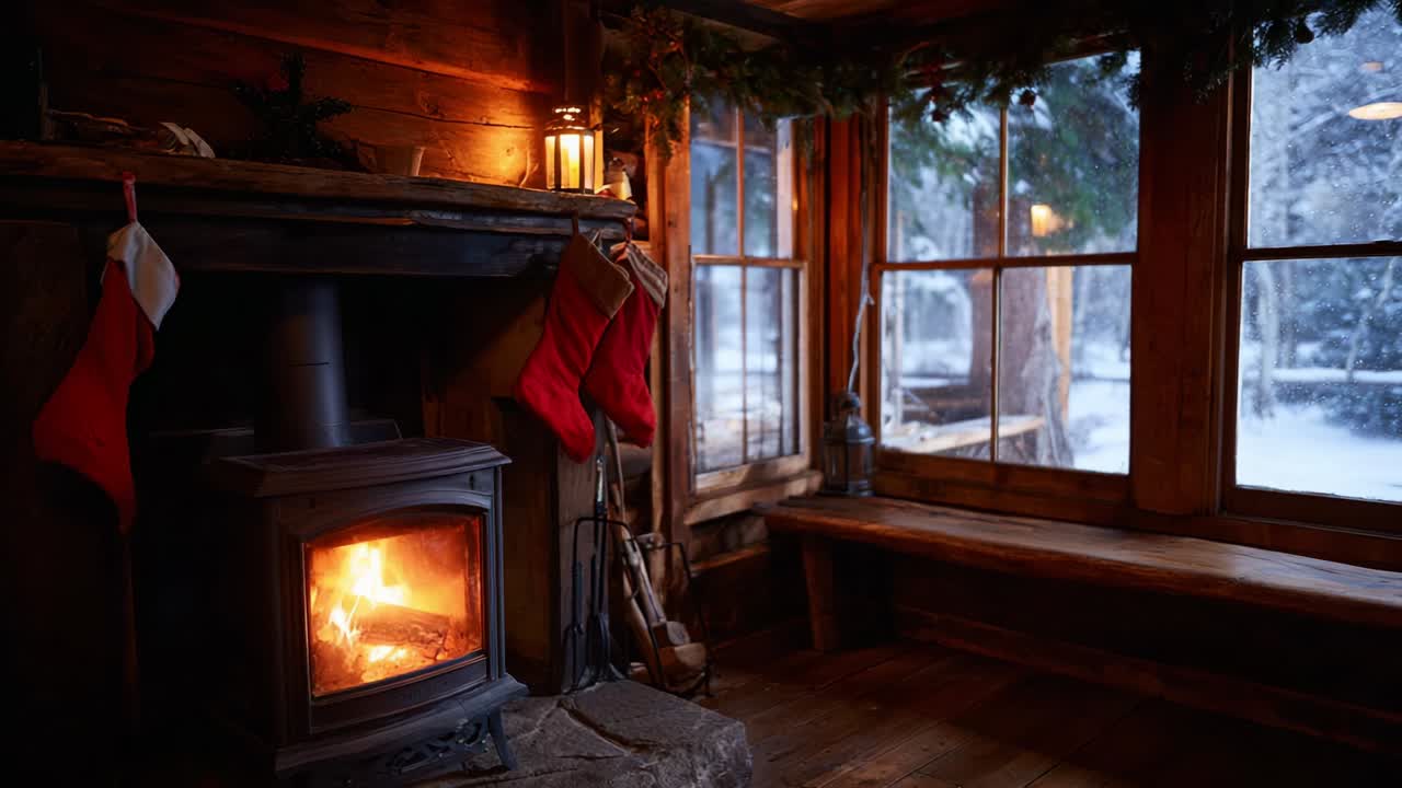 Cozy Winter Cabin with Warm Fireplace and Snowy View, Featuring Stockings Hanging by the Hearth, Inviting Atmosphere with Soft Lighting and Rustic Wooden Interior Enhancing Comfort and Cheer