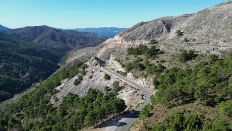 Scenic-Winding-road-through-mountains-from-Marbella-to-Ronda-in-Andalusia,-Spain---Aerial