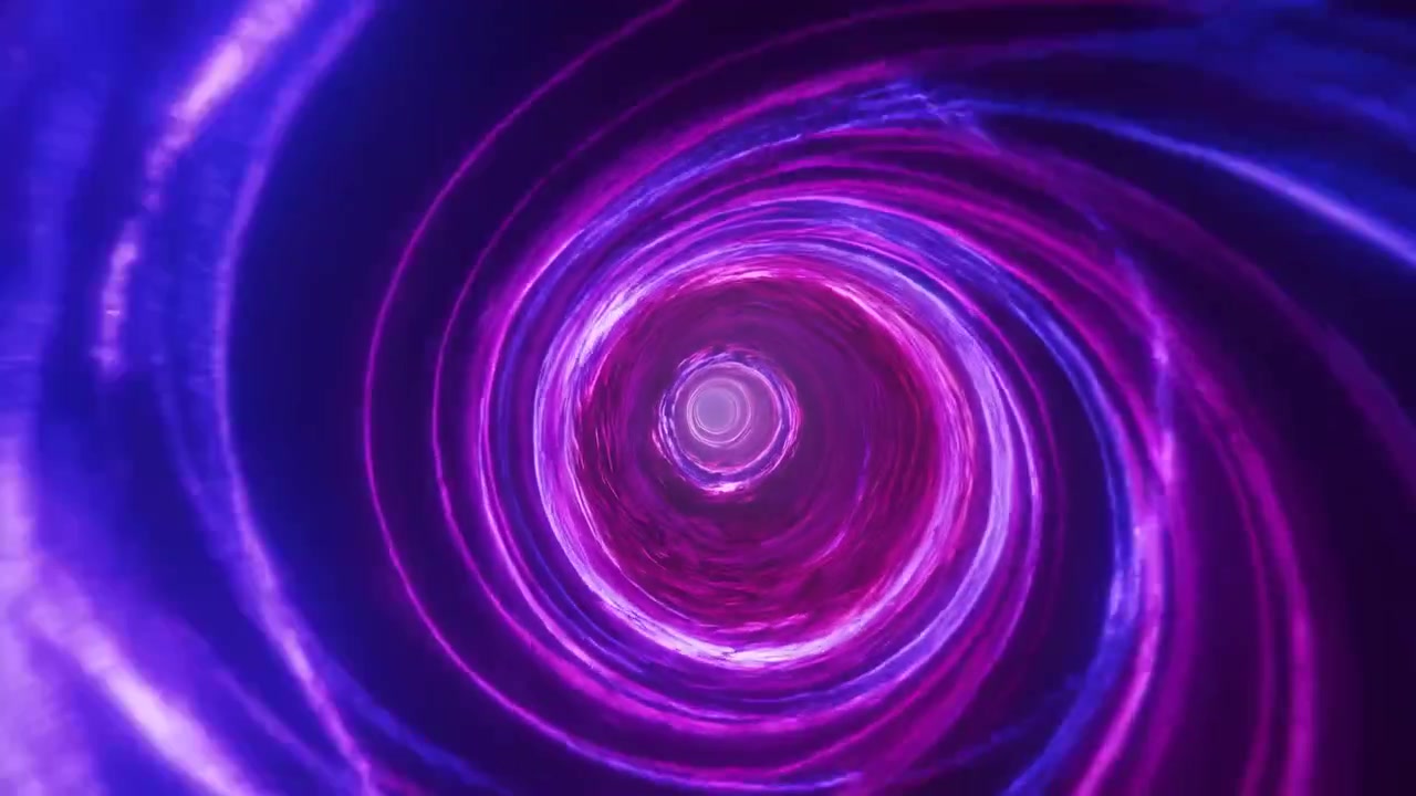 Centered view into deep purple spiral tunnel with glowing magenta rings, bright core, and strong sense of motion and depth