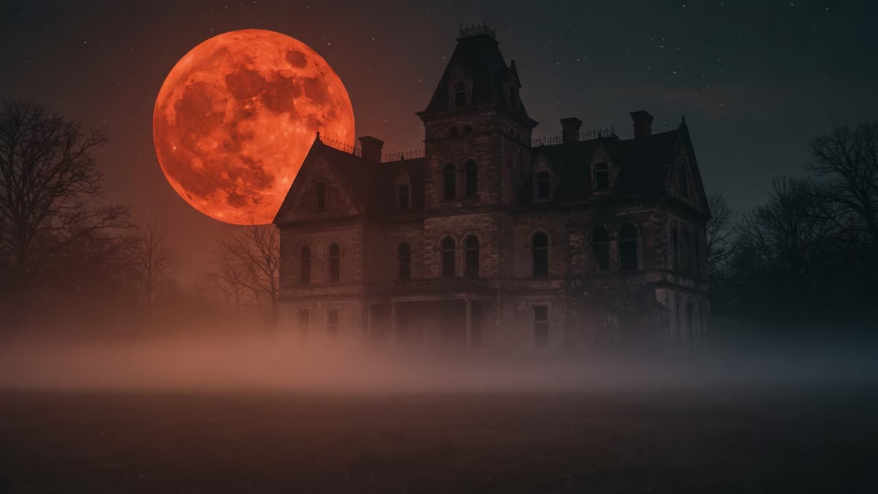 Mysterious Old Manor Under a Blood Moon: Eerie Atmosphere with Fog, A Haunting Scene Perfect for Spooky Nighttime Adventures and Ghost Stories Awaiting Exploration
