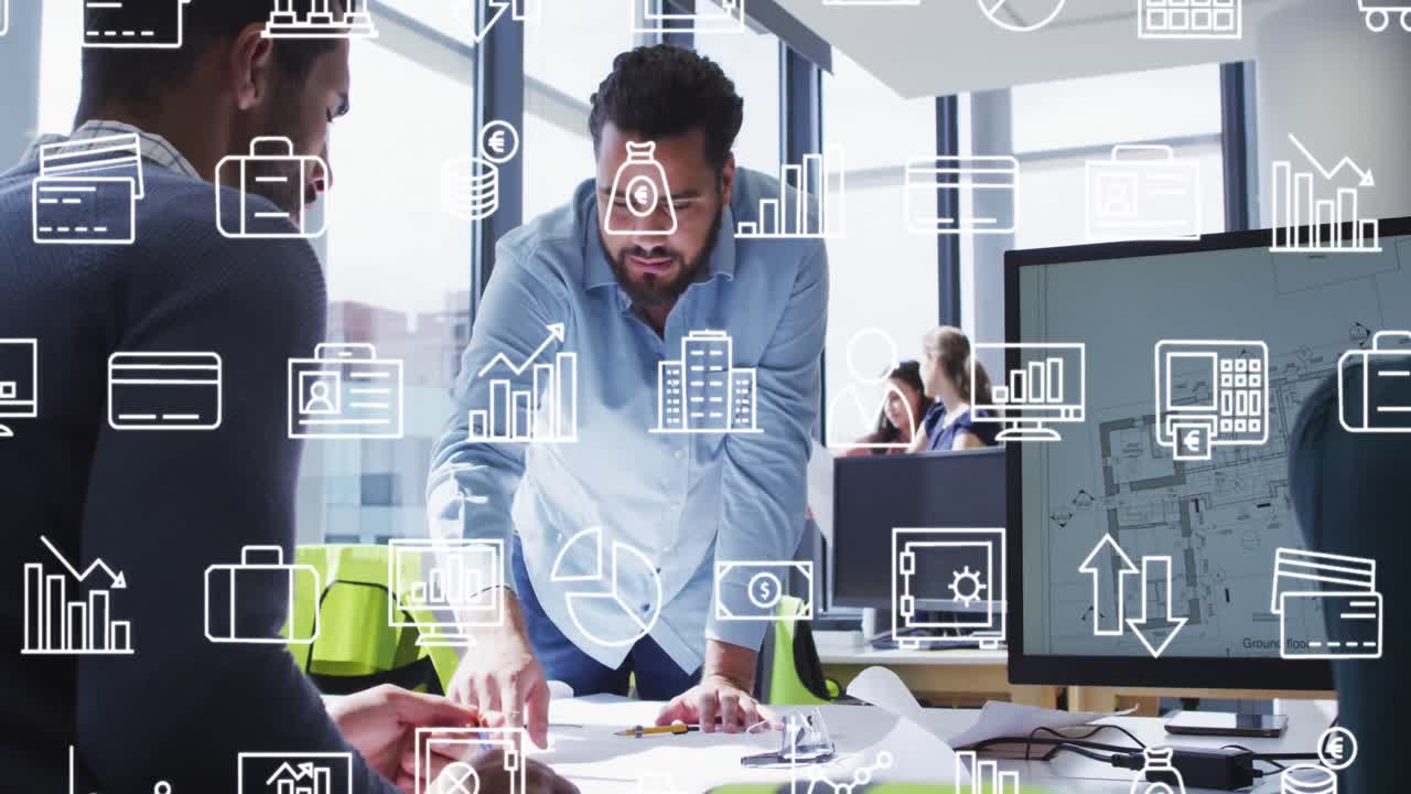 Animation of multiple icons moving over diverse architects discussing blueprint on desk in office
