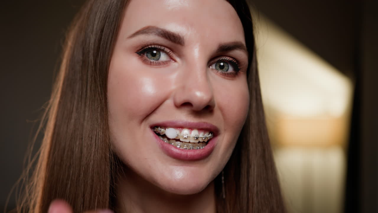 mujer con aparatos ortopédicos sonriendo