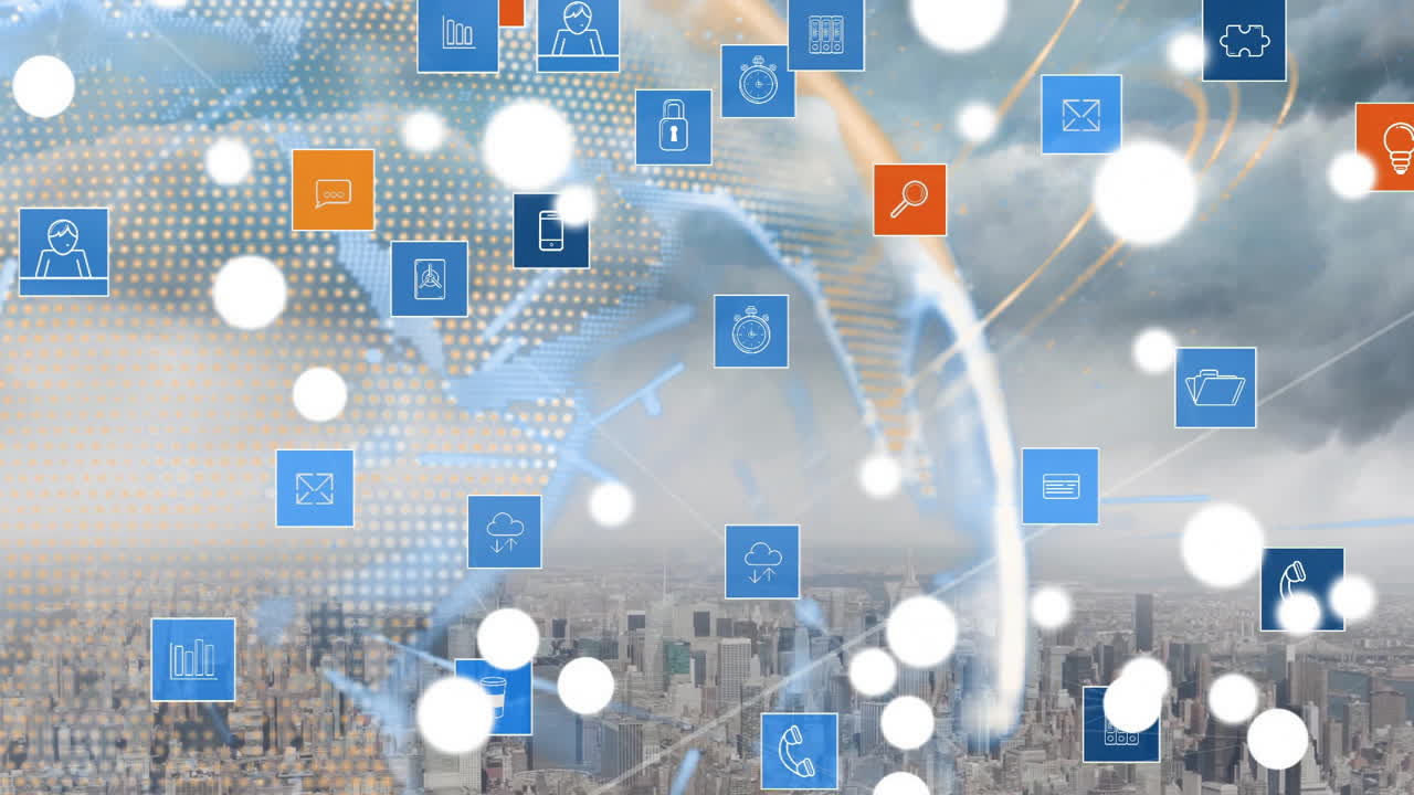 도시 풍경 위의 아이콘과 연결된 네트워크의 지구상의 애니메이션