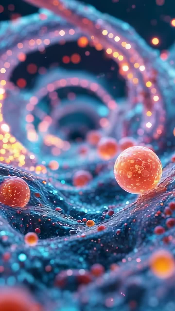 Vertical video: Spiral pulling orange spheres rolling across blue surface, particles, copy space