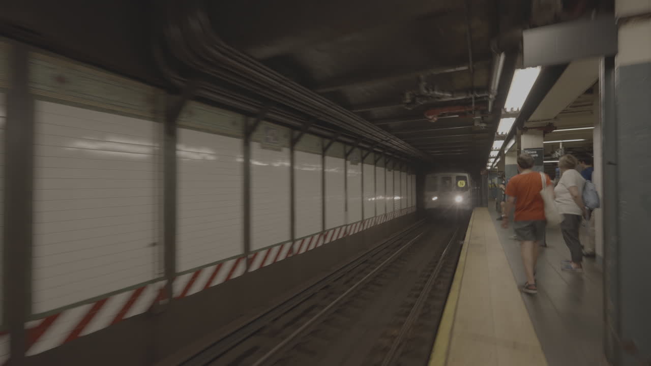 Treno della metropolitana in arrivo in una stazione sotterranea con persone in attesa