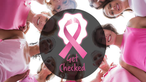 Animation-of-pink-ribbon-logo-with-breast-cancer-text-over-diverse-group-of-smiling-women