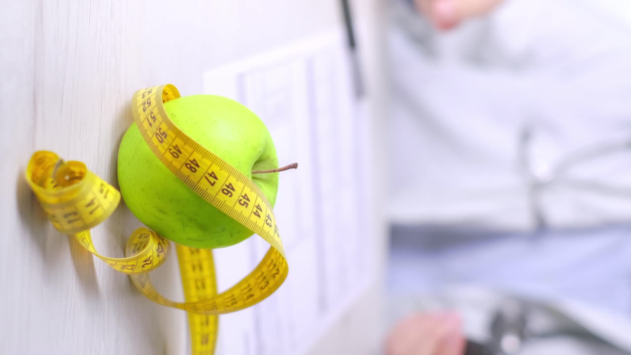 포커스에서 사과와 측정 테이프의 수직 비디오, 흐릿한 배경에서 스마트폰을 사용하는 의사