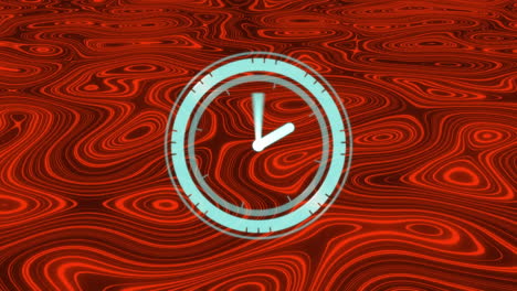 animación de un reloj moviéndose rápidamente sobre un fondo líquido rojo