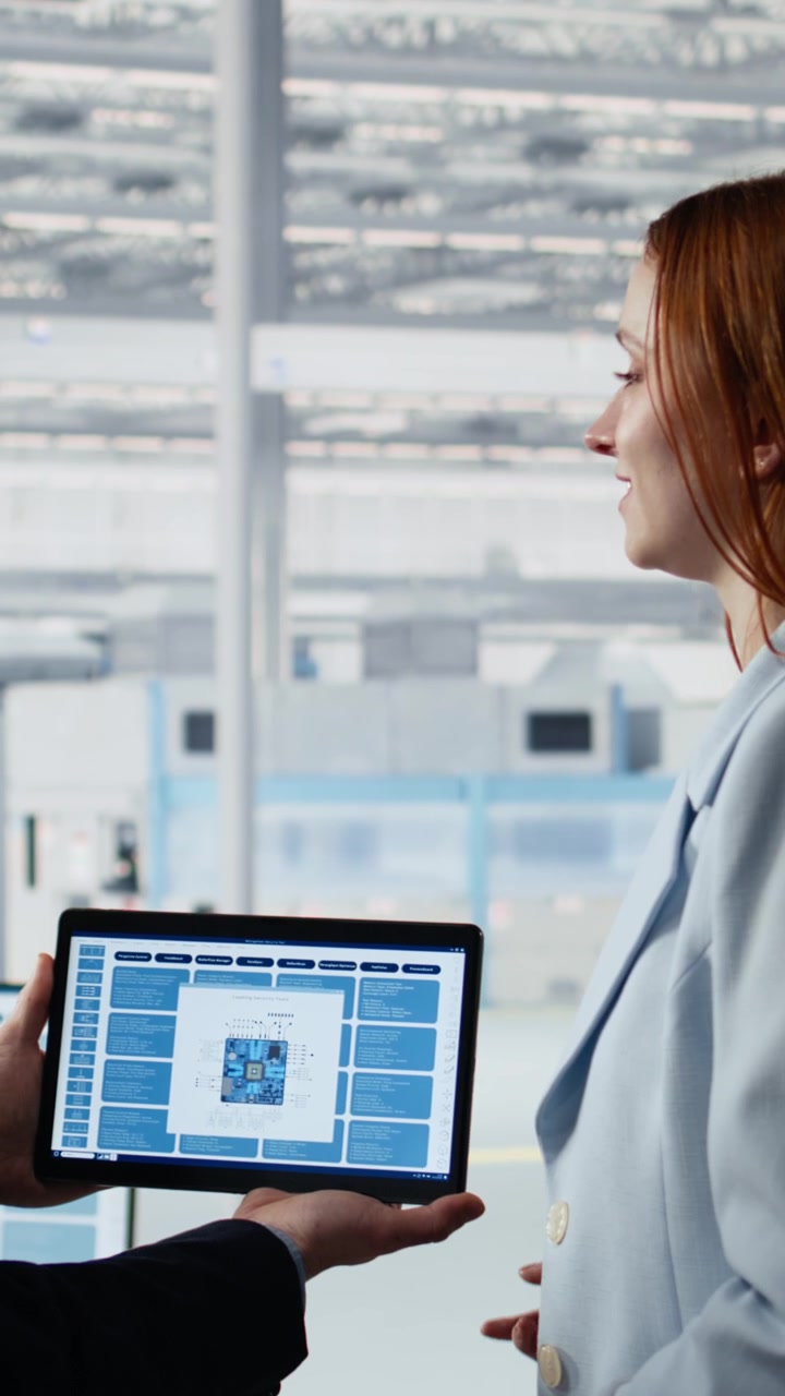 Vertical video Engineering team modeling integrated circuit systems with tablet in RD office