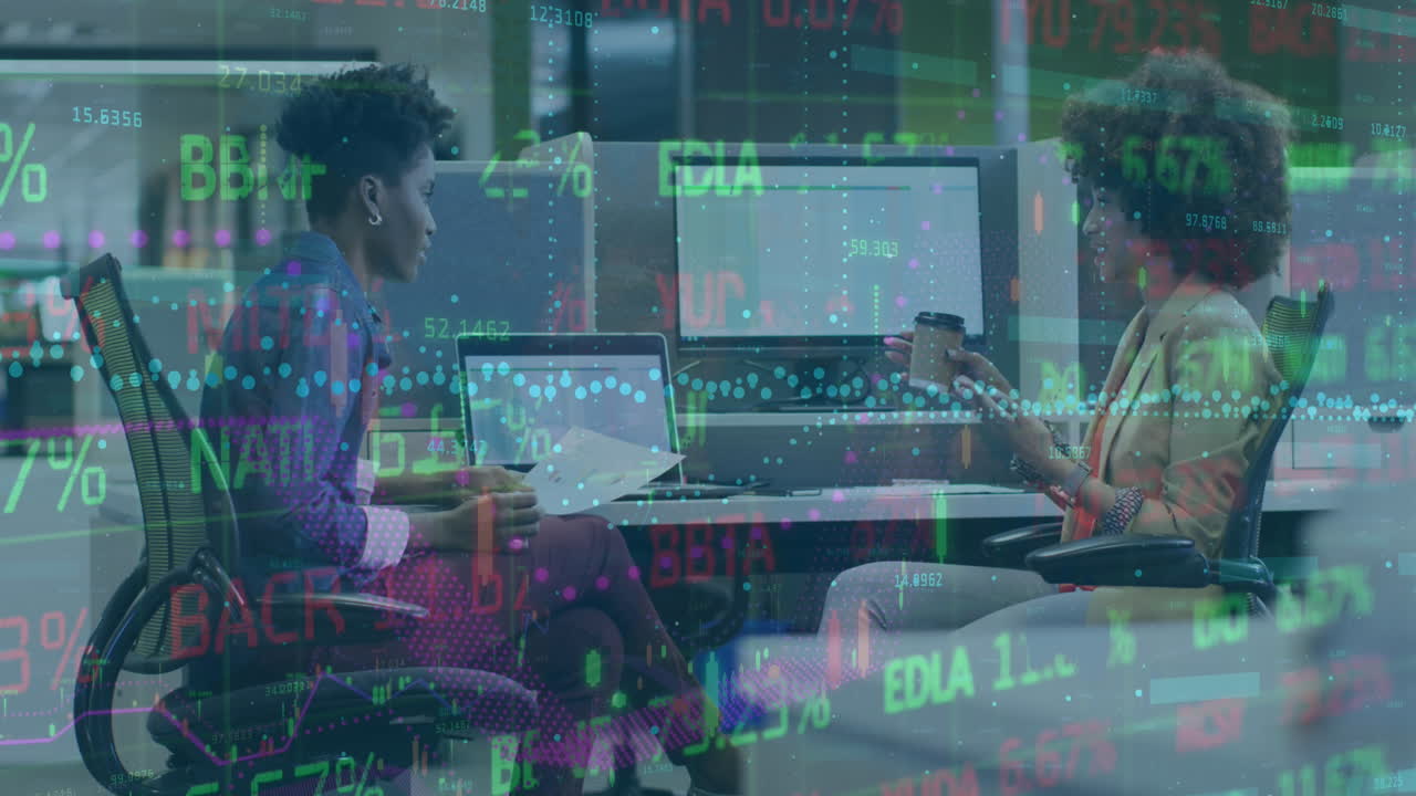 Animation of financial data processing over diverse businesswomen