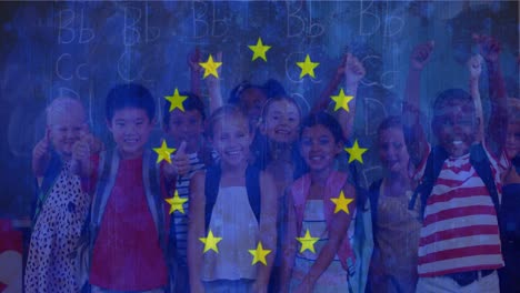 Europaflagge-Mit-Schulkindern-Im-Hintergrund