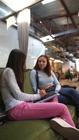 two young women working or discussing on a sofa