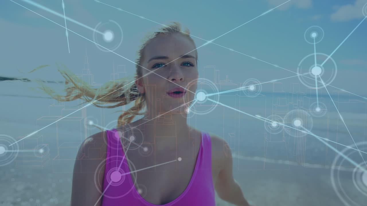 animación de la red de conexiones sobre mujer caucásica corriendo en la playa