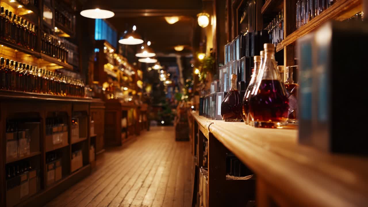 Interior of a liquor store with wooden shelves and bottles