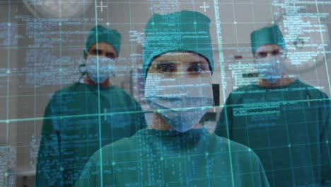 Animation-of-data-processing-over-portrait-of-team-of-surgeons-in-operation-theatre-at-hospital