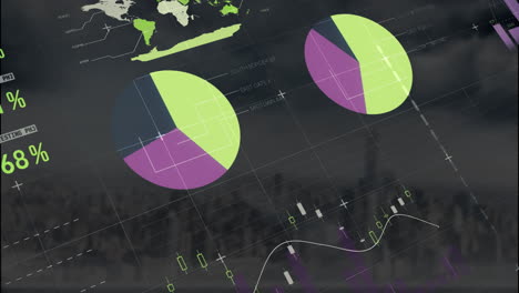 Animation-of-multicolored-infographic-interface-over-modern-cityscape-against-cloudy-sky