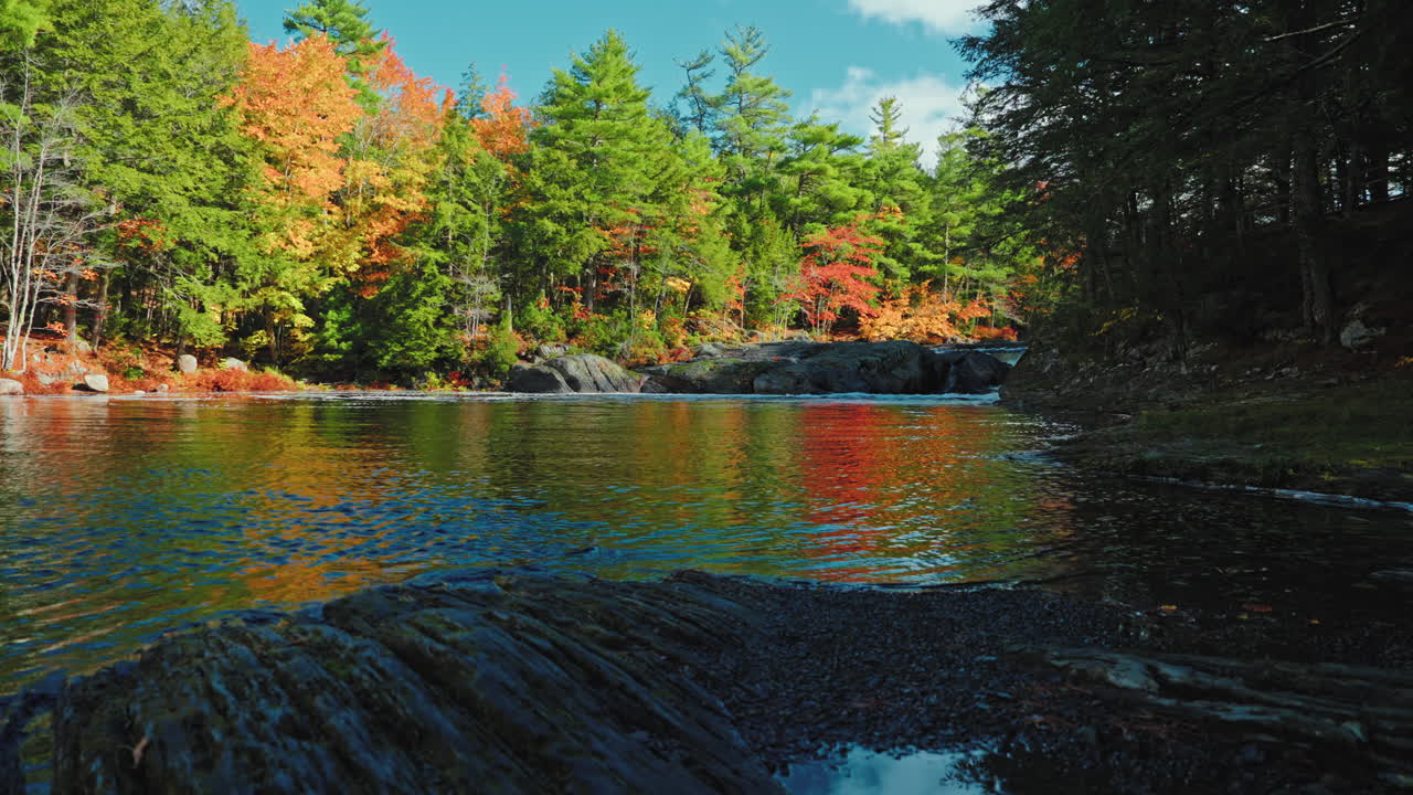 Picturesque view of the Kejimkujik National Park in autumn. View of the river and colorful tree foliage. Scenic landscape. Serene wilderness sanctuary. Dense forest and pristine lakes.