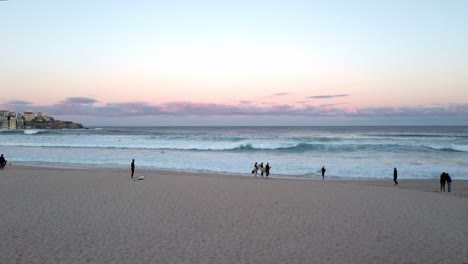 surfistas junto al mar viendo las olas en bondi beach en sydney, nsw al atardecer