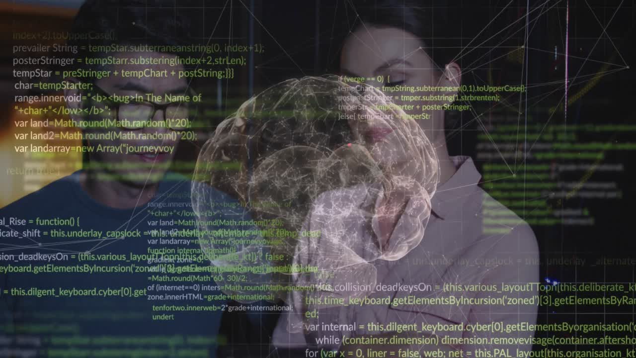 animación del procesamiento de datos y el cerebro digital sobre diversos trabajadores en la sala del servidor