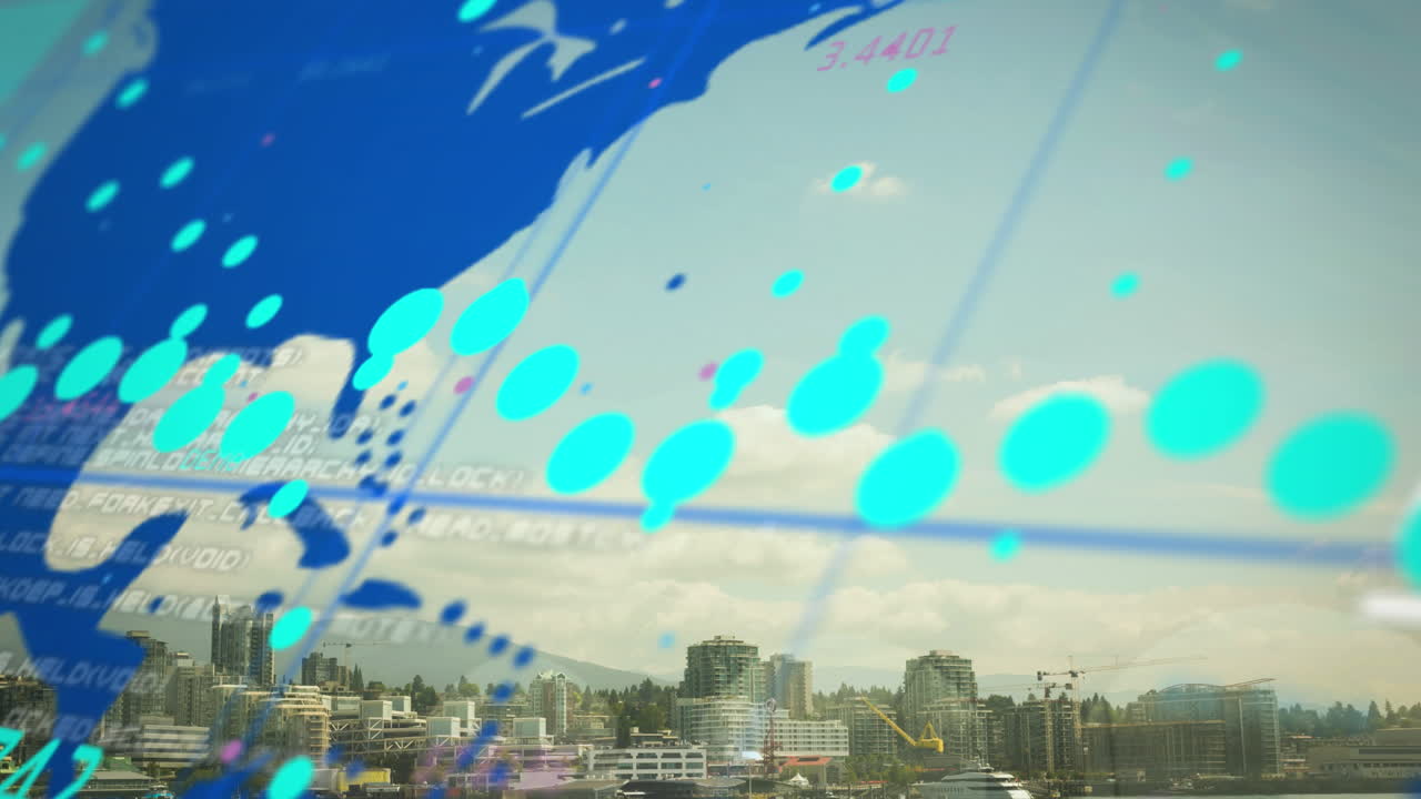 데이터 처리 및 세계 지도의 애니메이션은 도시 풍경의 공중 전망에 대한 그리드 네트워크를 통해