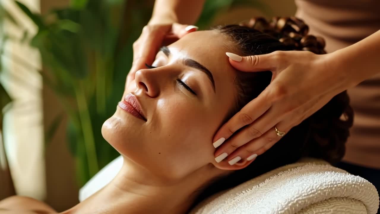 Close-up video still of a woman receiving a relaxing head massage