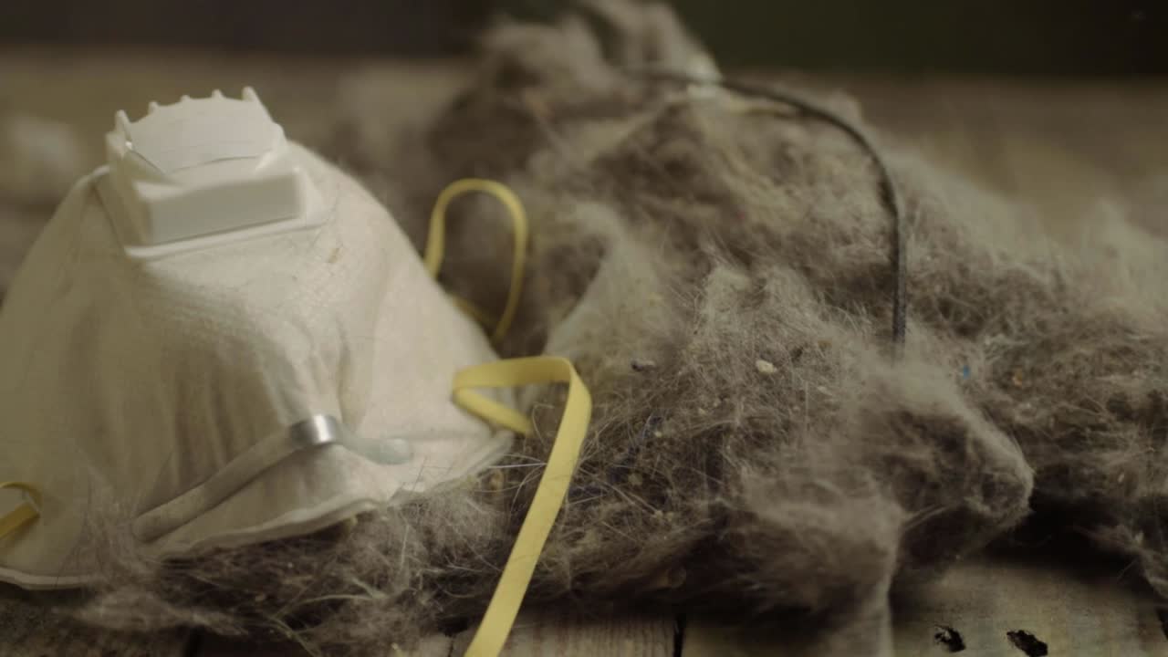 더러운 먼지가 많은 배경에 일회용 먼지 마스크 보호