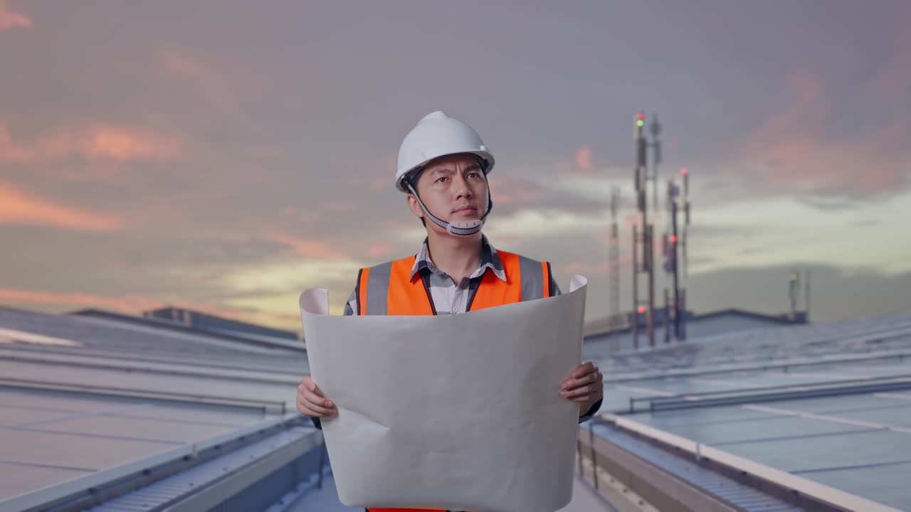 Front View of Asian Male Engineer Looking At Blueprint In His Hands While Walking at Industrial Rooftop Solar Panels