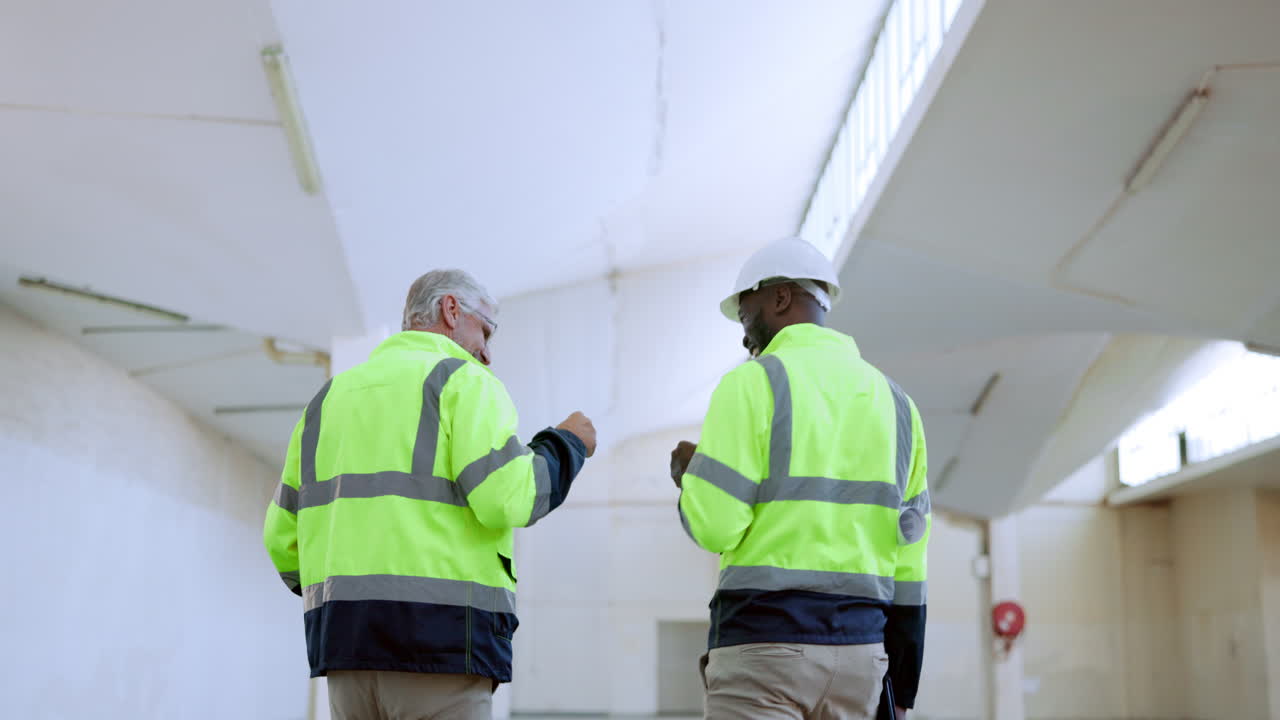 Construction workers in a warehouse