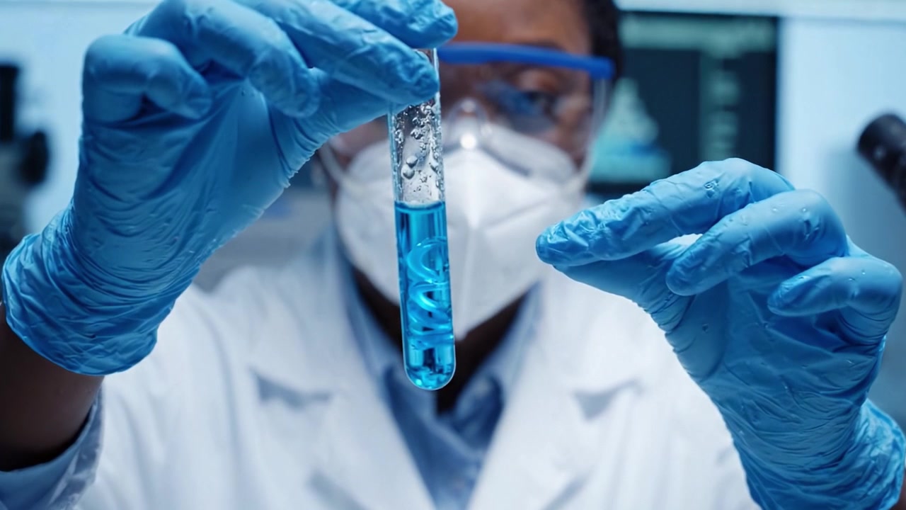 Uno scienziato dedicato conduce esperimenti in un laboratorio moderno, analizzando campioni con precisione utilizzando provette e microscopi avanzati.