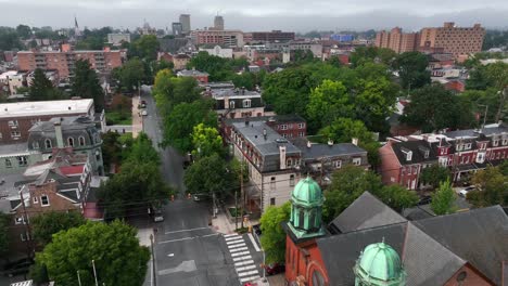 Aerial-shot-of-small-city-suburb-featuring-townhomes