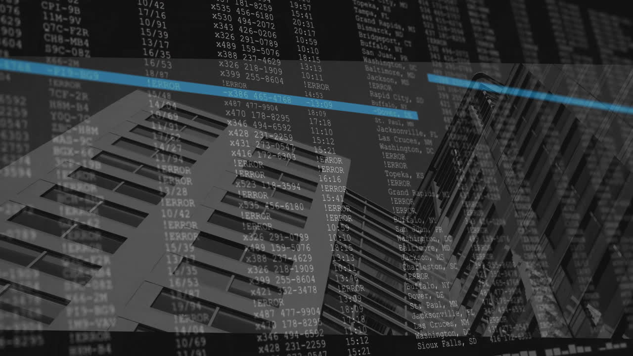 Skyscraper facade being tilted under scrolling digital code stream, showing glass high-rise facade