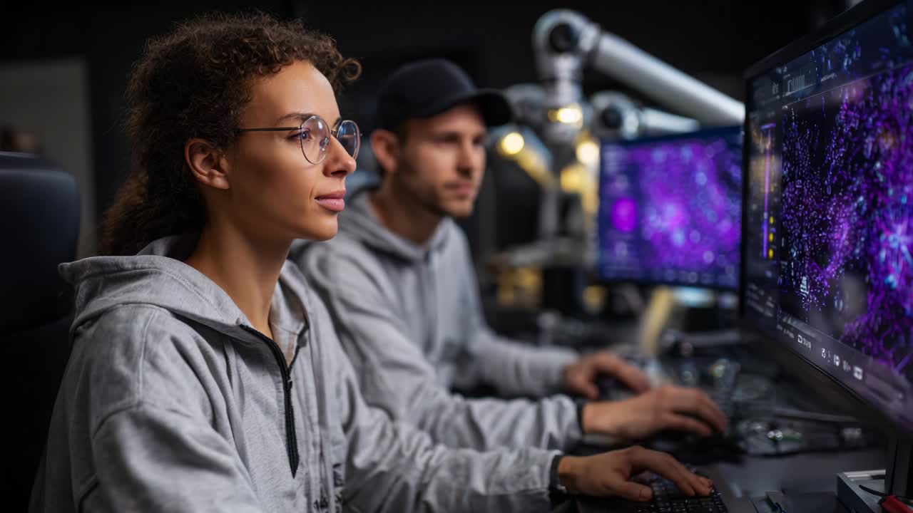 Focused individuals engaged in advanced technology tasks at their workstations, utilizing multiple monitors and innovative tools, reflecting a modern digital workspace dedicated to high-tech operations and data analysis