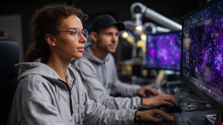 Focused individuals engaged in advanced technology tasks at their workstations, utilizing multiple monitors and innovative tools, reflecting a modern digital workspace dedicated to high-tech operations and data analysis