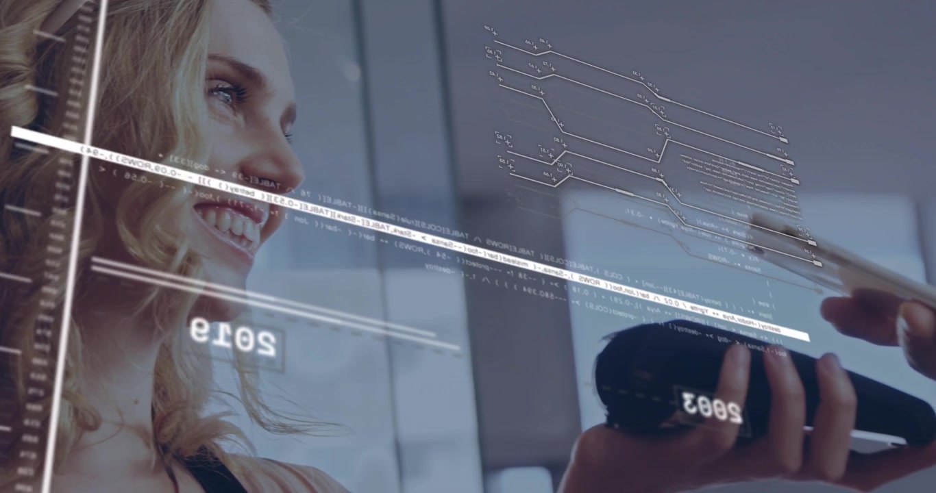 Man tapping phone, woman holding speaker, pairing tech demo, HUD timeline animating around gear