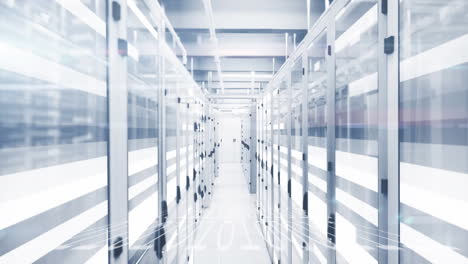 animation of white trails and binary coding over server room