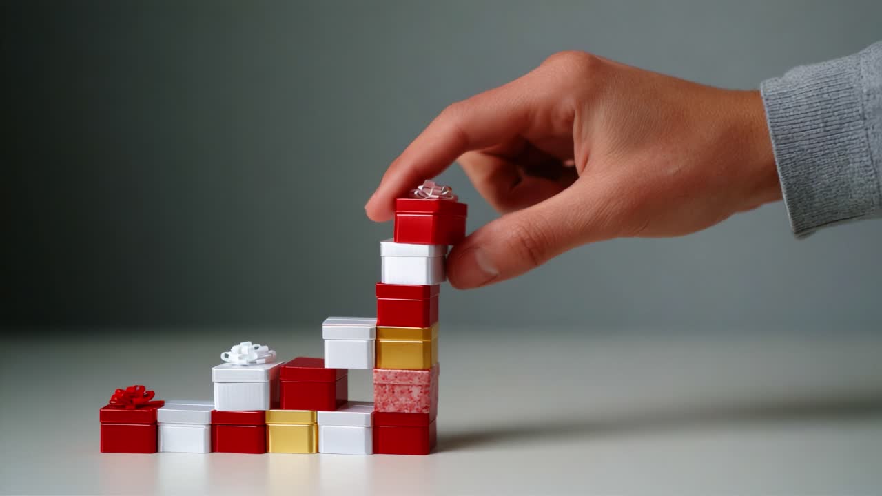 A Creative Arrangement of Colorful Gift Boxes: Building Beautiful Structures with Red, White, and Gold Presents, Showcasing an Impressive Tower of Festive Surprises