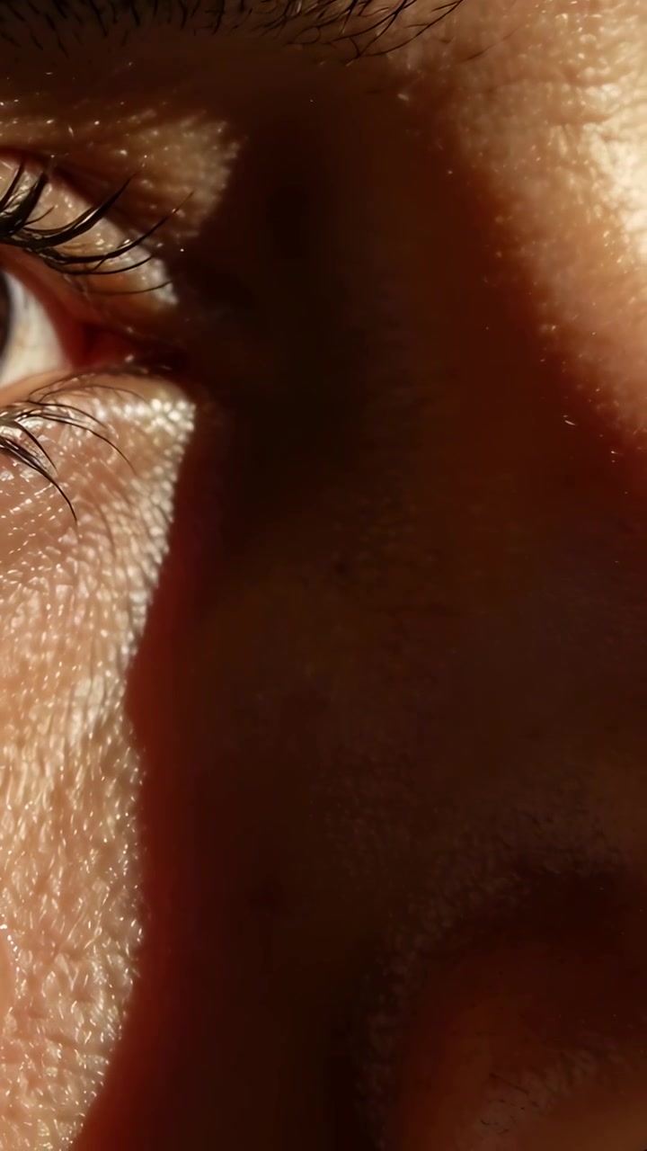 Vertical video: Blinking left eye reacting to shifting studio light, lashes twitching, tear forming