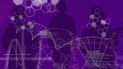 Animation-of-data-processing-over-silhouettes-of-soldiers-on-purple-background