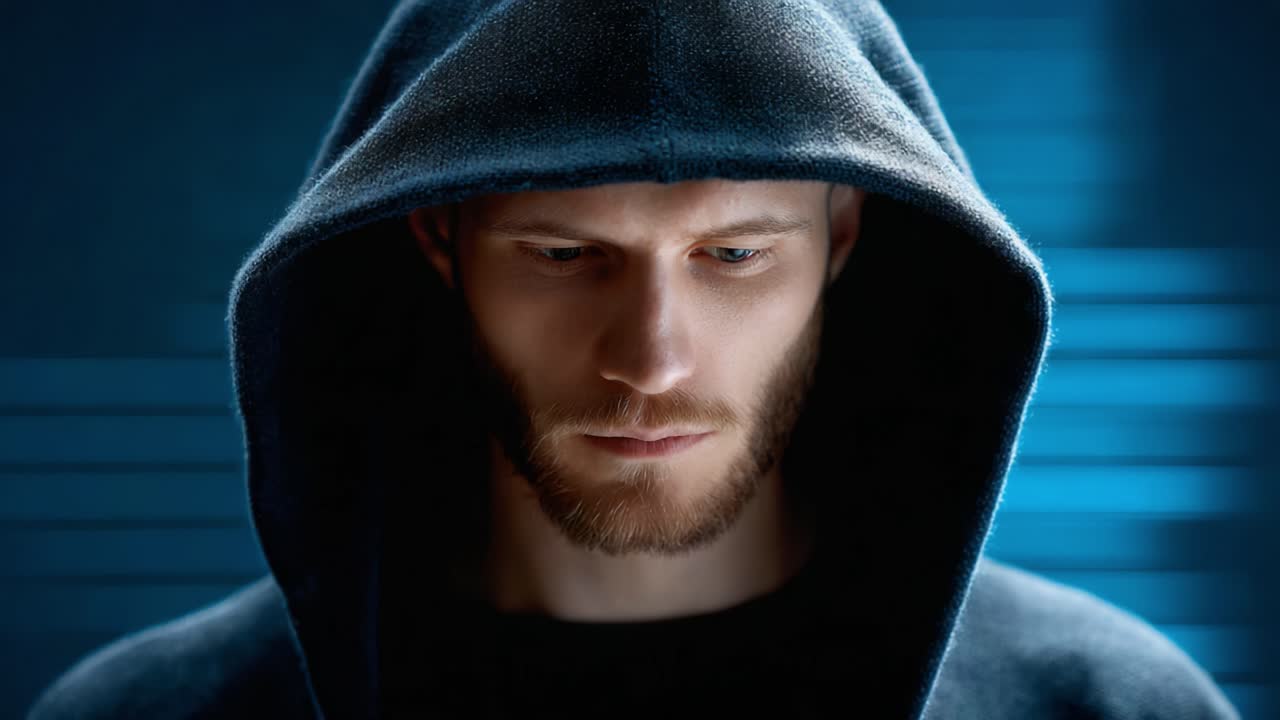 A Mysterious Figure in a Dark Hood: Exploring the Depths of Emotions and Concentration Through Captivating Facial Expressions and Intriguing Lighting