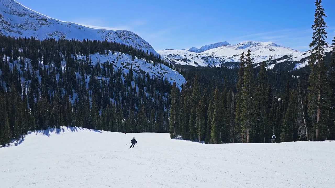 Skiers carve through Whistler, Canada mountain terrain, surrounded by snow-covered ridges and classic British Columbia alpine scenery.