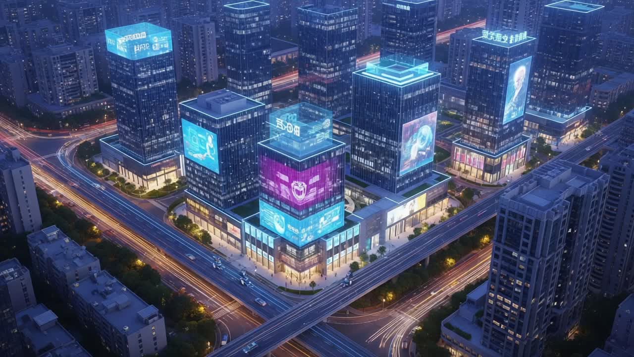 Aerial View of a Modern Urban Complex Featuring Vibrant LED Billboards and Flowing Traffic, Showcasing the Dynamic Nightlife and Architectural Marvel of the Cityscape